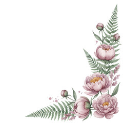 Soft minimal watercolor corner composition with peonies and fern in mauve tones isolated on white background