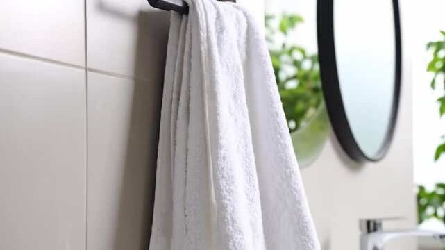 Clean white towel hanging on a wall in a bright bathroom setting