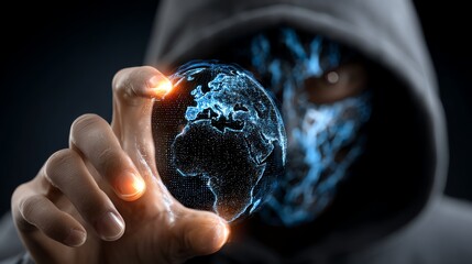 A mysterious figure in a hooded cloak holds a glowing digital globe, symbolizing the integration of technology and the planet