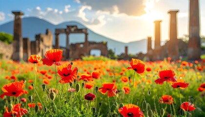 Red poppies bloom in a field before ancient ruins, mountain view, and a bright sun