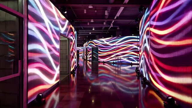 dynamic led wall display in modern hallway with abstract wave patterns | modern, architecture, technology, art, interior theme