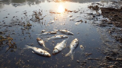 A somber scene of dead fish floating in a muddy lake at sunset, highlighting environmental issues. The image captures the impact of pollution on aquatic life and ecosystems.