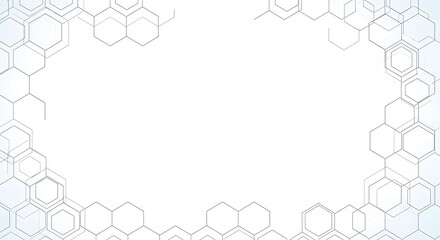 Abstract white background with light grey hexagonal geometric pattern border for science and technology concepts.