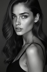 Fototapeta premium Monochrome close up portrait of young woman with long flowing hair, delicate features. Looks directly at camera with confident expression. Skin soft lighting. Elegant look, classic style timeless.