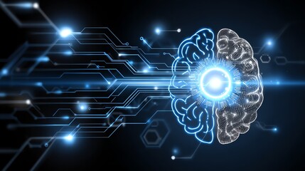 Fototapeta premium A futuristic graphic depicting the fusion of a human brain and technology, highlighting connections through circuits and digital elements, symbolizing innovation and artificial int