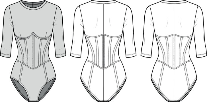 Technical Vector Illustration of a Women's Long Sleeve Bodysuit Featuring an Integrated Underbust Corset Detail with Boning and Seam Lines