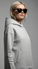 Blonde female model wearing a minimalist hoodie jacket mockup with black sunglasses