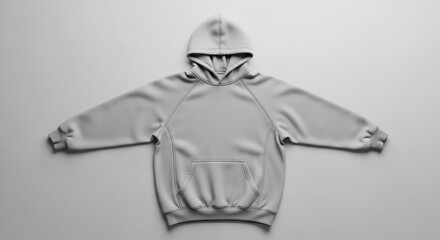 Flat lay hoodie jacket mockup neatly arranged on a clean neutral background, front view, hood symmetrically positioned