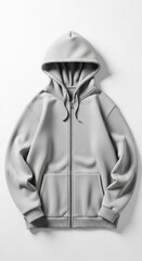 Flat lay mockup of a blank hoodie jacket on a white studio background, symmetrical layout