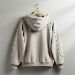 Hoodie jacket mockup hanging naturally on a wooden hanger, modern studio setting, plain neutral background