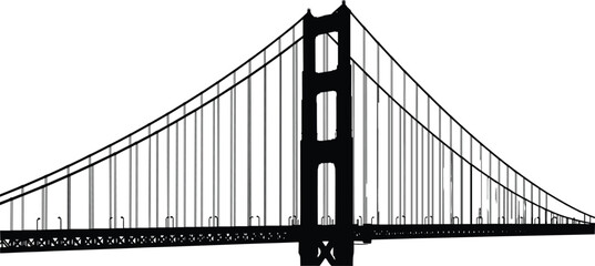 Suspension bridge silhouette vector illustration with cables and tower details, black and white landmark infrastructure design, isolated engineering artwork for travel, architecture, and urban themes © Gita