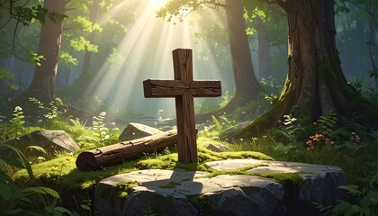 Wooden cross centered on a moss-covered stone. Sunlight streams through trees in a lush forest creating a serene, peaceful scene
