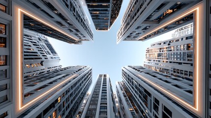 A stunning perspective view up from the ground, showcasing the towering modern skyscrapers surrounding an open sky. The architectural design is sleek and contemporary.