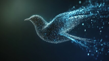 Digital bird flying, made of glowing dots & data