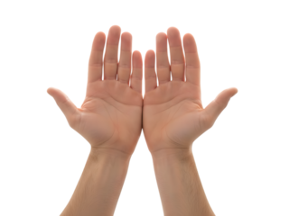 A pair of human hands are shown raised open with palms facing forward against a black background