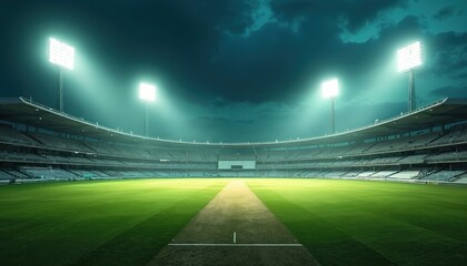 Illuminated cricket stadium with empty green field and pitch at night. Spectators seating visible in tiered stands under dramatic clouds. Pro sports arena.