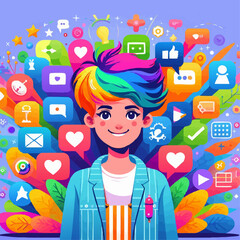 premium vector of Content creator character with bright social media icons