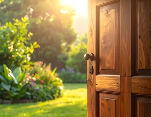 Wooden door partially open, revealing a vibrant garden bathed in sunlight; a welcoming invitation to a tranquil outdoor space