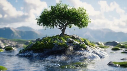 Isolated tree on rocky island in tranquil water, mountains beyond