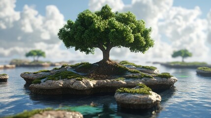 Verdant island tree sprouts from rocky outcrop surrounded by water