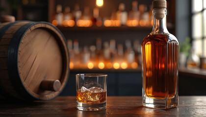 Wooden barrel and glass of amber whiskey sit on a bar. Full bottle of aged spirit and bar shelves with more bottles in soft focus background. Cozy pub atmosphere.