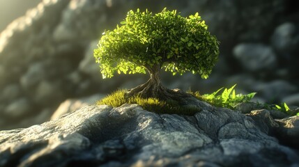 Miniature lush tree thrives on rugged rocky terrain