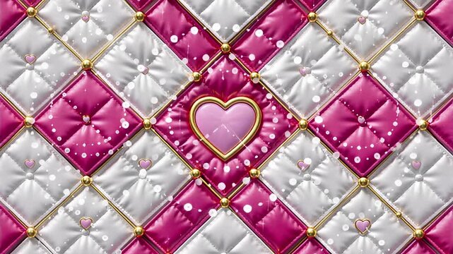 pink and white quilted diamond pattern with gold heart and dynamic visual effects | background, textile, design, decoration, fabric theme