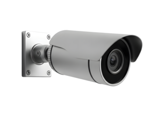 A modern security surveillance camera mounted on a wall using a metal bracket for monitoring outdoor areas