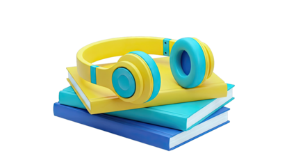 Headphones resting on a stack of colorful books