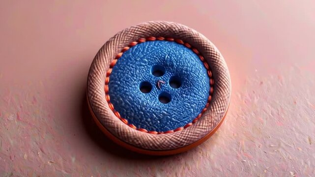 Close up of a blue button with four holes on a light pink surface