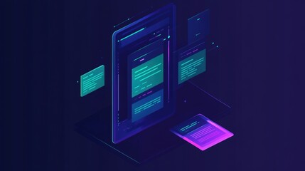 Digital interface screens with code on dark background
