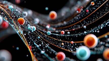 An abstract visualization of particles moving through a dark space, showcasing vibrant colors and intricate patterns