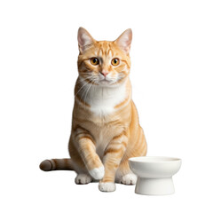 Obraz premium Adult orange tabby cat with vivid amber eyes and white chest, elegantly poised with lifted paw, next to a minimalist white ceramic bowl on a solid gray background, clean product shot concept