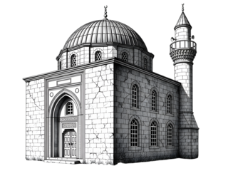 Traditional Stone Mosque Sketch with Minaret and Dome. Islamic Architecture Vector Illustration Isolated on White Background.