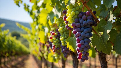 Lush vineyard with ripe grapes hanging from lush green vines in sunny rows