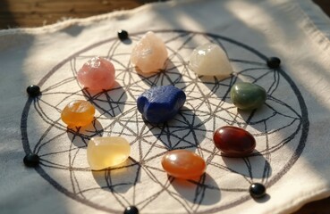 Collection of colorful tumbled stones arranged on a sacred geometry grid cloth. Stones symbolize chakras and healing energies. They represent balance and spiritual wellness.