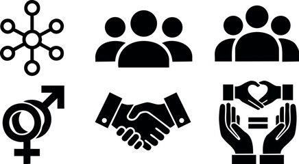 Social connection and unity icons set including gender symbol handshake and care vector illustration 
