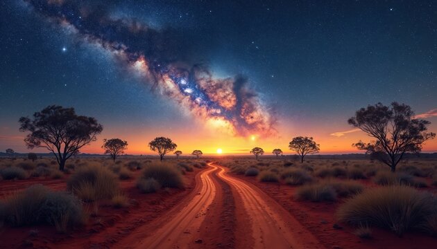 Vast Australian outback landscape at dusk with red earth road leading towards sunset and milky way galaxy overhead. Sparse trees and dry grass dot the arid terrain under a colorful sky.