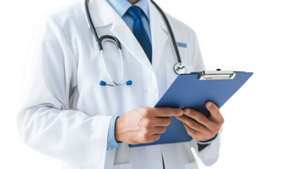 Medical professional in white coat and stethoscope holding a blue clipboard while reviewing patient information or professional documentation closely