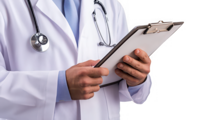 Close up of a professional doctor wearing a crisp white lab coat and stethoscope while carefully reviewing patient notes on a clipboard against a dark background.