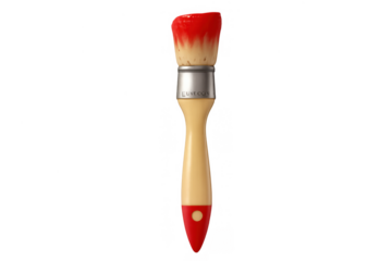 Paintbrush with red paint on bristles, art tool for creative projects, painting, craft, and diy activities on transparent background