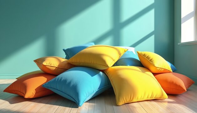 A pile of blue orange and yellow pillows sits on a wooden floor. Bright sunlight streams through a window casting shadows on the aqua wall. The room feels peaceful and cozy.
