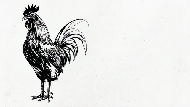 A black and white illustration of a rooster on a white textured background