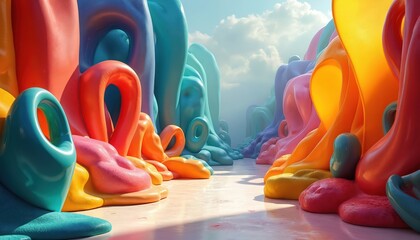 Bright abstract shapes form colorful pathway under cloudy sky. Smooth, organic forms in red, orange, yellow, blue, and pink create inviting, whimsical landscape. Surreal, vibrant, and playful scene.