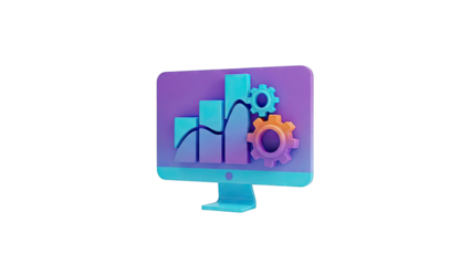 3D Monitor with Data Chart and Gears Icon