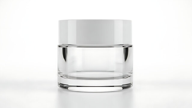 Minimalist glass jar with shimmering clarity on white background, studio shot capturing purity and shimmer effect