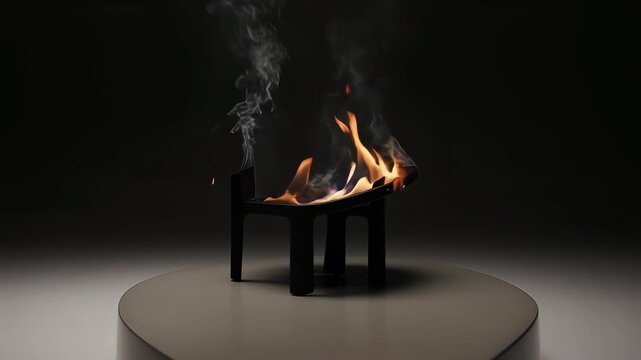 A black chair burns, producing smoke and flames. It sits on a round platform