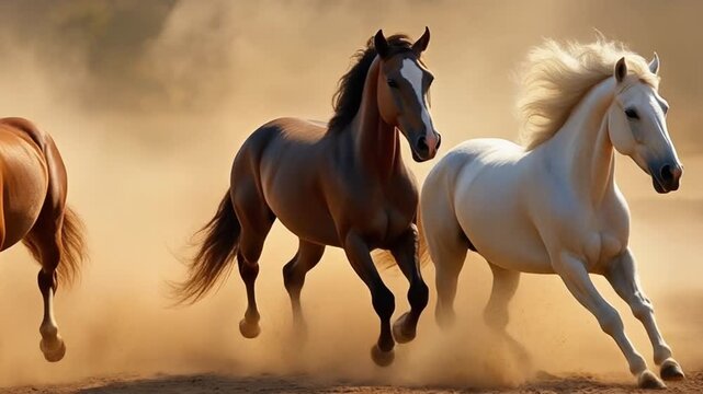 Three horses running on sandy terrain with dust