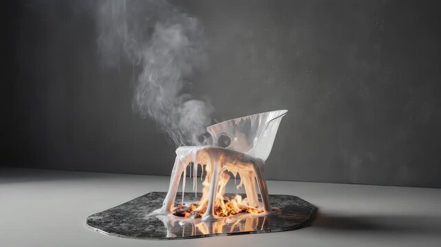 A transparent chair melts above a fire, emitting smoke, on a dark, reflective surface