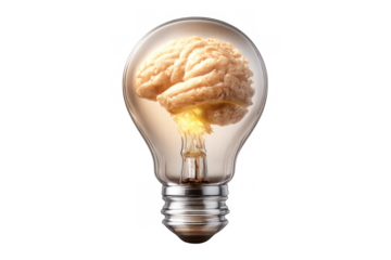 Brain inside light bulb glowing, representing innovative thinking, intelligence, new ideas, learning, and brilliant creativity
